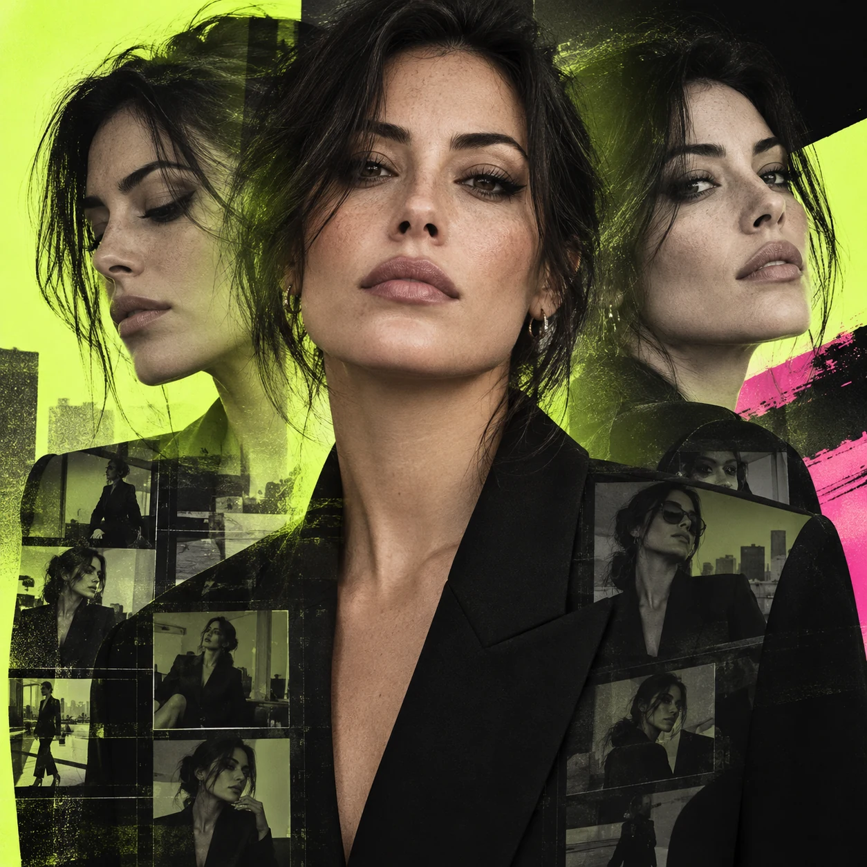 Double-exposure portrait of one AI persona across different campaign looks