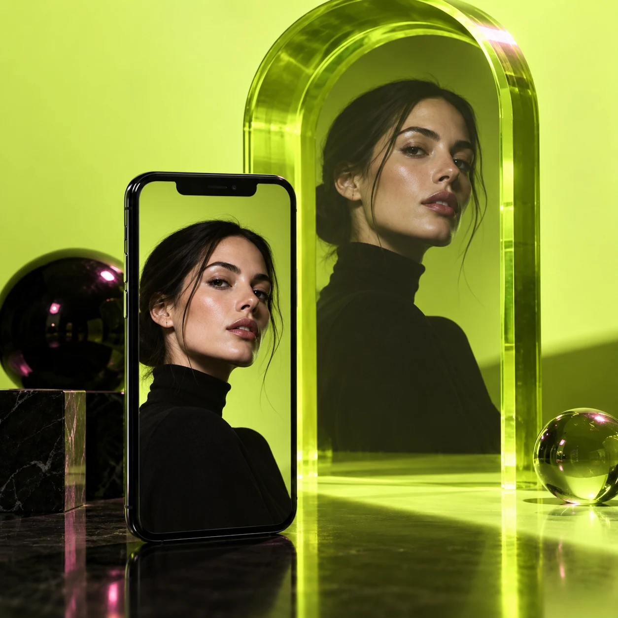 A character portrait connects a smartphone creative with a lime doorway
