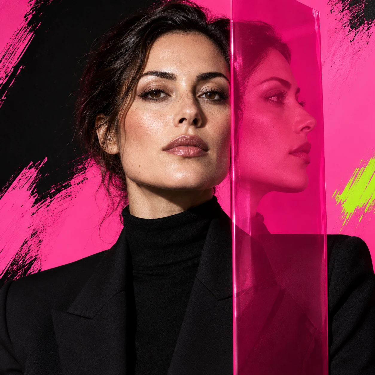 Layered fashion portrait in pink and black, exploring distinctive brand positioning