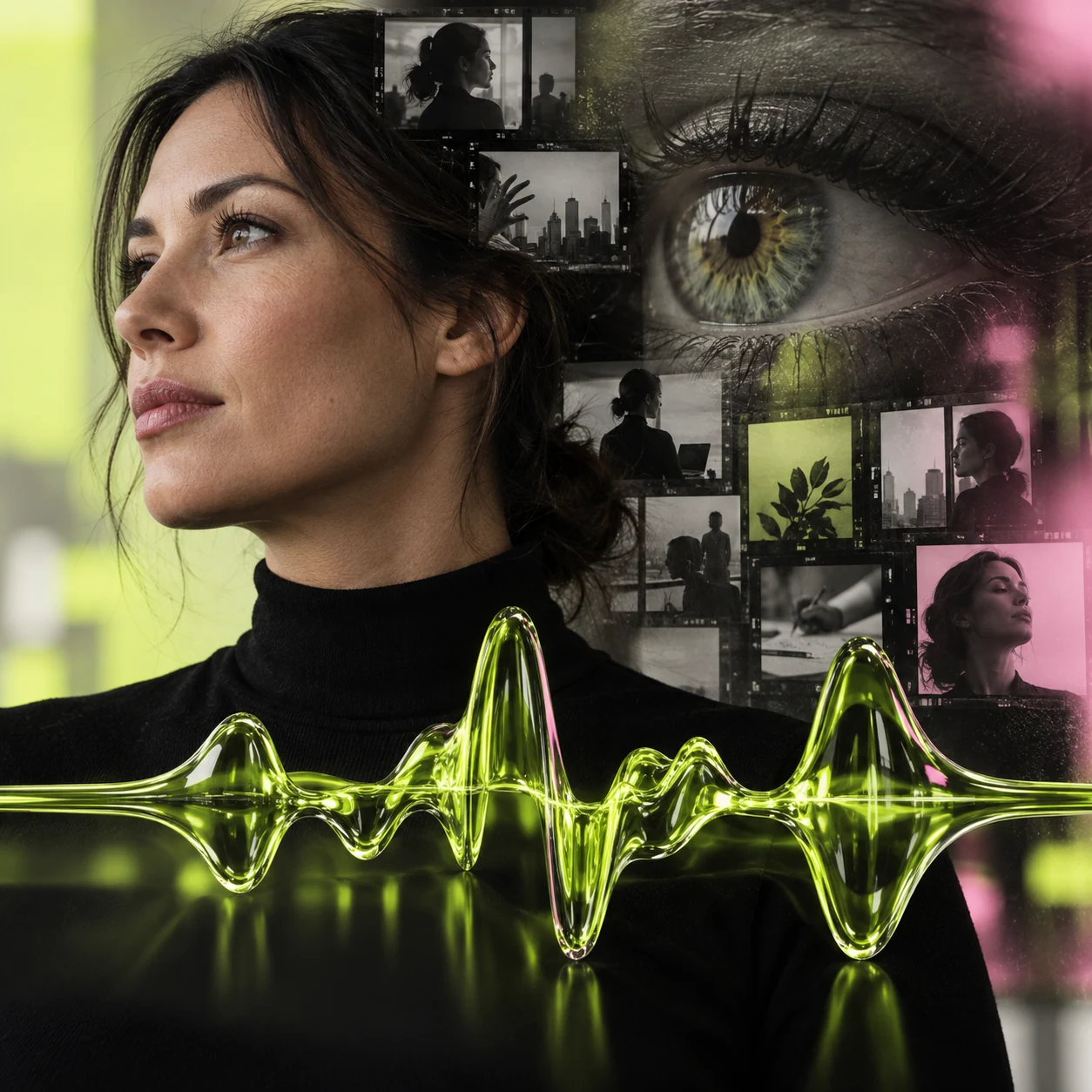 Portrait and eye layered with a lime waveform, representing creative testing and feedback