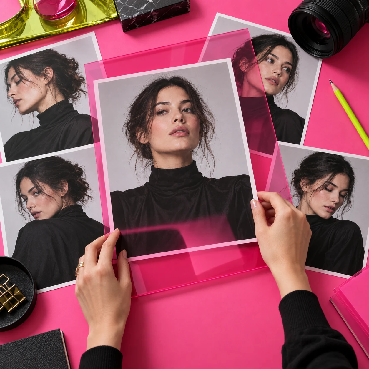 Hands organising campaign portrait prints on a pink creative desk